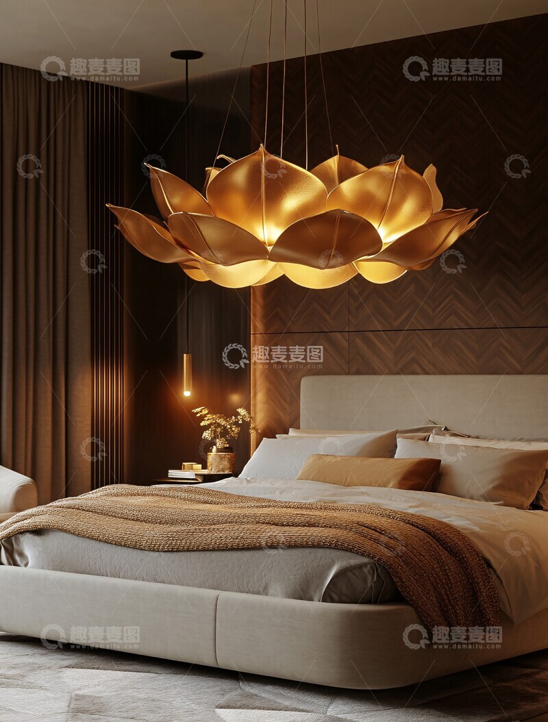 高清大图下载【趣麦麦图】灰色床头板金色床卧室