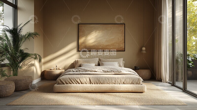 高清大图下载【趣麦麦图】简约卧室床与画1