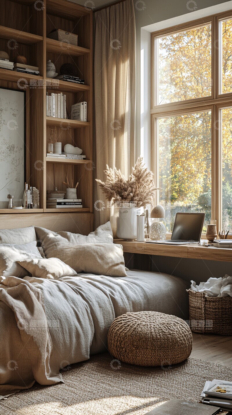 高清大图下载【趣麦麦图】灰色床与窗边书桌1