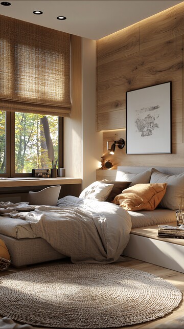 灰色床与窗边书桌