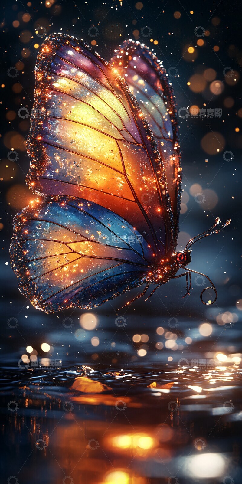 高清大图下载【趣麦麦图】-水晶蝴蝶水面飞舞2