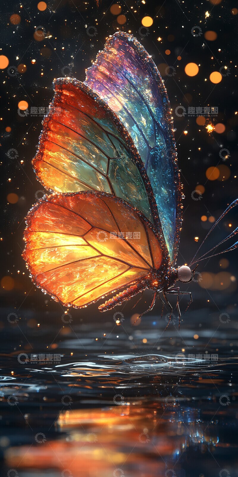 高清大图下载【趣麦麦图】水晶蝴蝶水面飞舞
