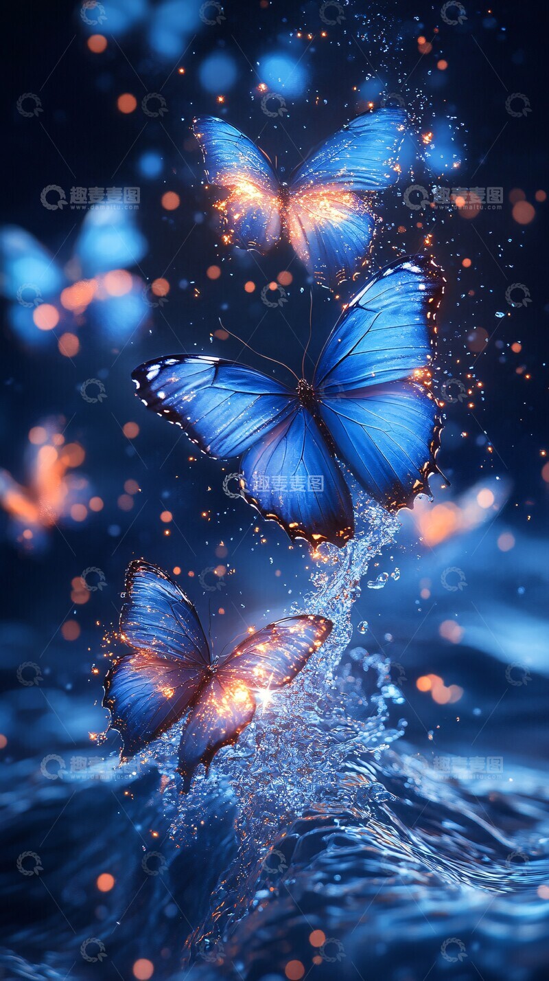高清大图下载【趣麦麦图】蓝色波浪与蝴蝶2