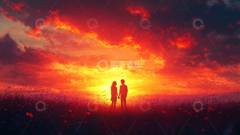 高清大图下载【趣麦麦图】夕阳下的牵手1