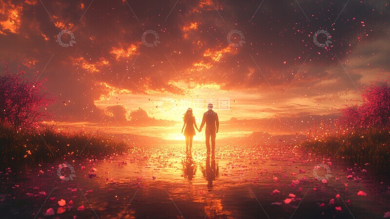 高清大图下载【趣麦麦图】金色天空下的牵手2