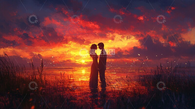 高清大图下载【趣麦麦图】夕阳下的牵手2