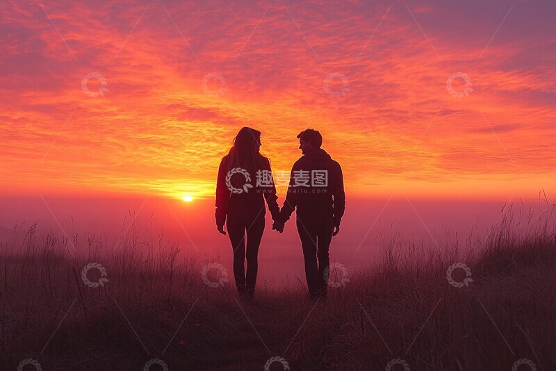 高清大图下载【趣麦麦图】牵手夕阳下牵手夕阳天空2