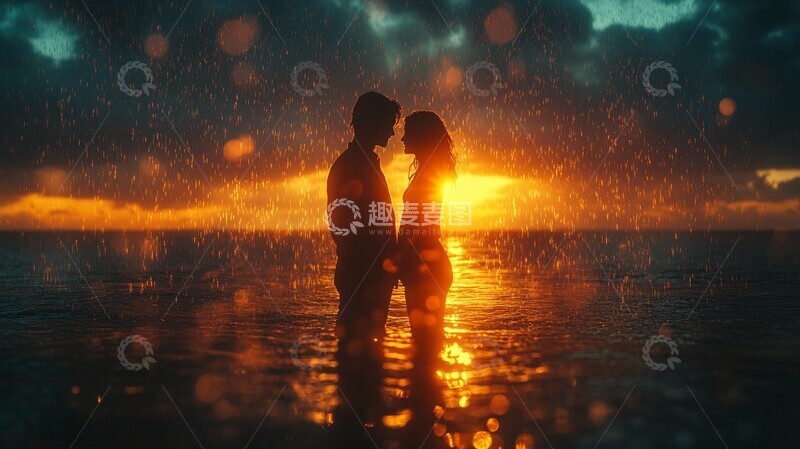 高清大图下载【趣麦麦图】海面雨中夕照