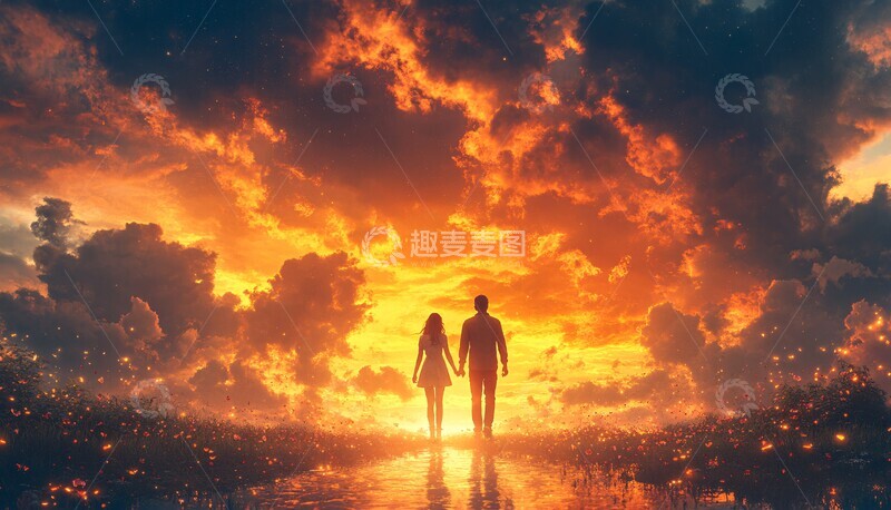 高清大图下载【趣麦麦图】夕阳下的携手同行