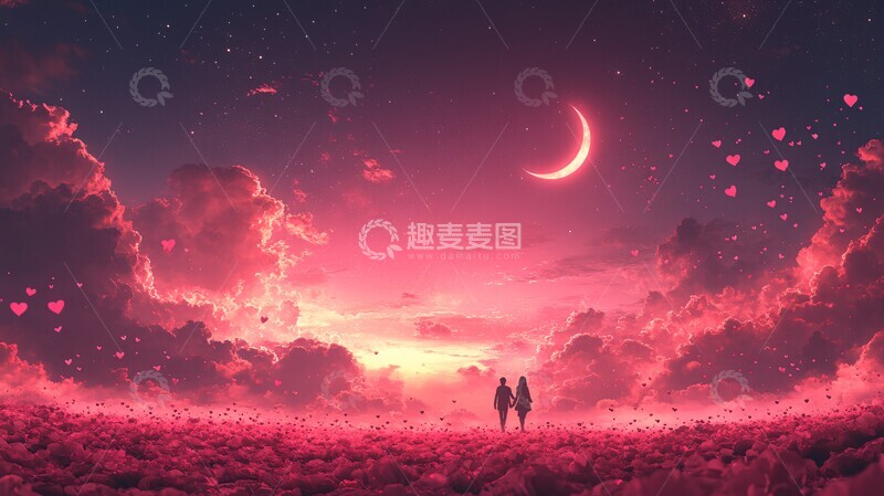心形云朵月下恋人