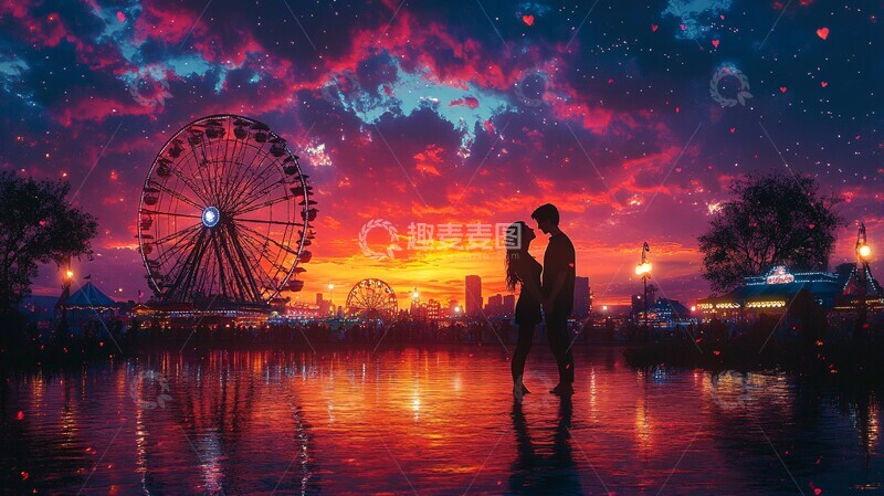 高清大图下载【趣麦麦图】夕阳下的摩天轮之恋