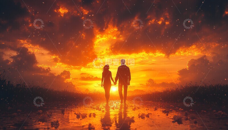 高清大图下载【趣麦麦图】夕阳下的携手同行1