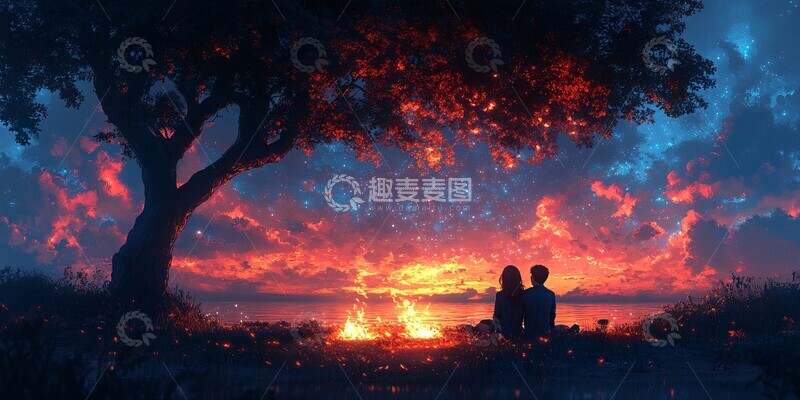 高清大图下载【趣麦麦图】树下情侣背影火堆2