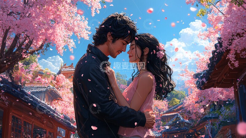 高清大图下载【趣麦麦图】樱花树下的拥抱