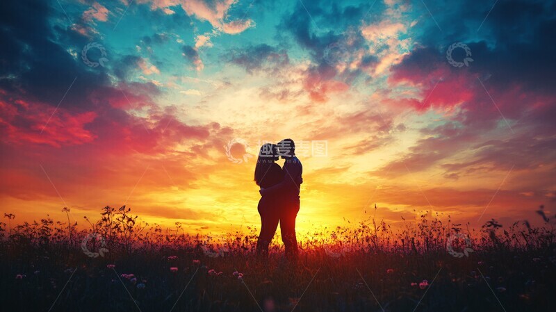高清大图下载【趣麦麦图】恋人相拥夕阳下1