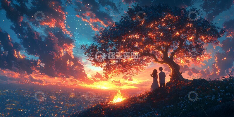 高清大图下载【趣麦麦图】树下情侣背影火堆3