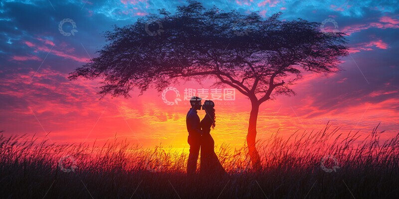 高清大图下载【趣麦麦图】情侣剪影夕阳下亲吻1