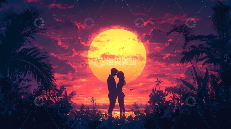高清大图下载【趣麦麦图】夕阳下的情侣