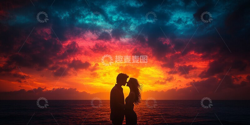 高清大图下载【趣麦麦图】情侣剪影夕阳下亲吻