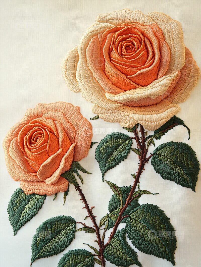 高清大图下载【趣麦麦图】两朵橙玫瑰刺绣