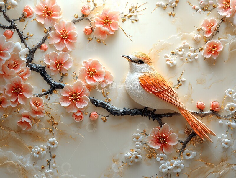 高清大图下载【趣麦麦图】桃枝金花壁纸2