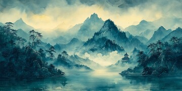 青山隐云间青山云间绿色