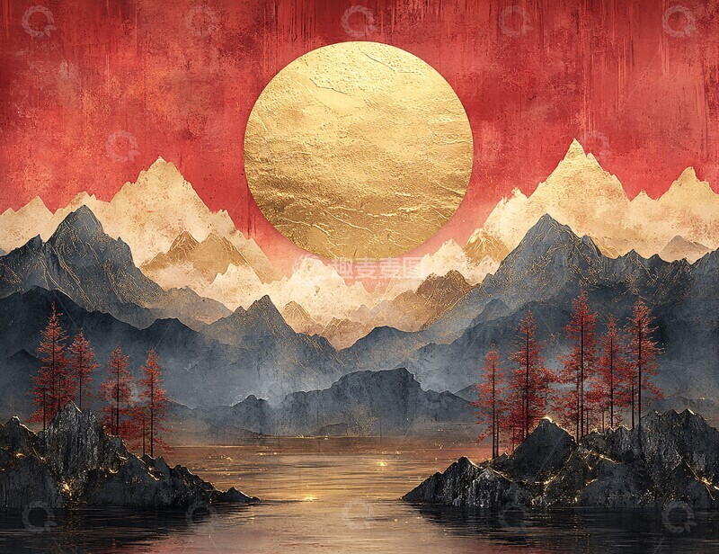 高清大图下载【趣麦麦图】山水金峰山水金箔红纸1