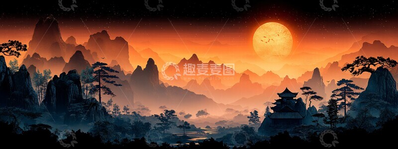 高清大图下载【趣麦麦图】古岩剪影纸风格1