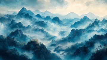 山云溪流图溪流蓝色绿色