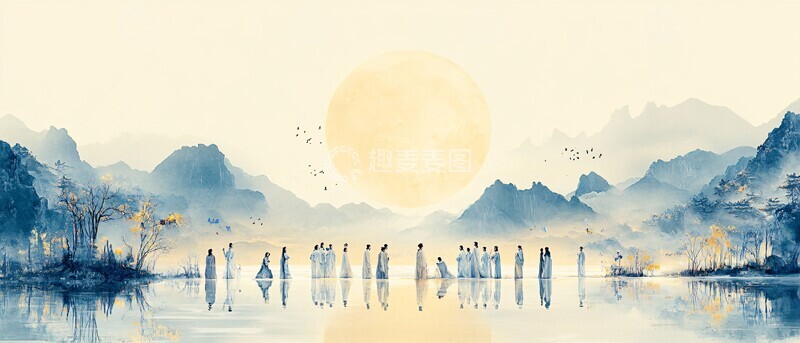 高清大图下载【趣麦麦图】中秋月下山水图1