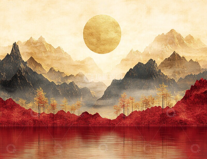 高清大图下载【趣麦麦图】山水金峰山水金箔红纸2
