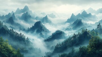 雾中山崖山崖雾气绿色1