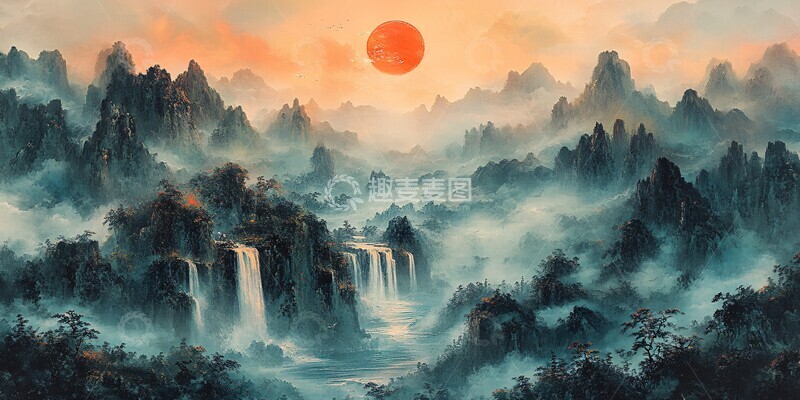 高清大图下载【趣麦麦图】山水云雾落日图2