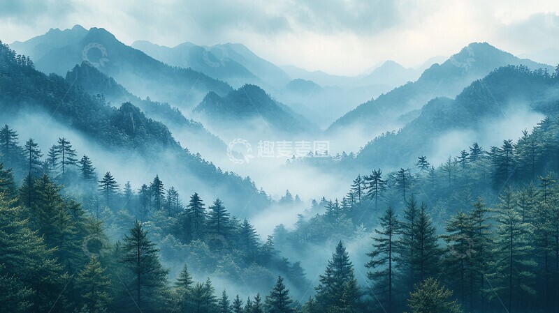 高清大图下载【趣麦麦图】雾中山崖山崖雾气绿色2