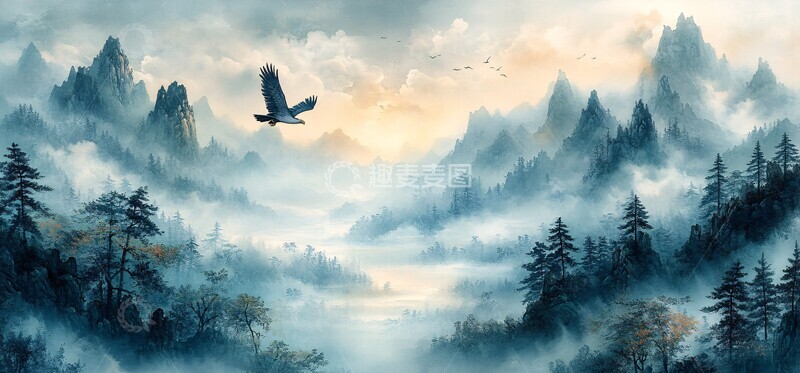 高清大图下载【趣麦麦图】青山云雾飞鹰图2