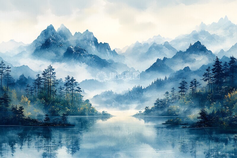 高清大图下载【趣麦麦图】蓝绿山水画山水色调中式