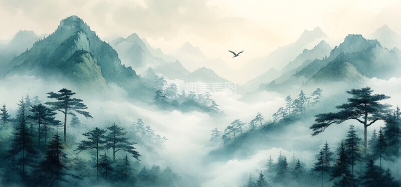 高清大图下载【趣麦麦图】青山云雾飞鹰图3