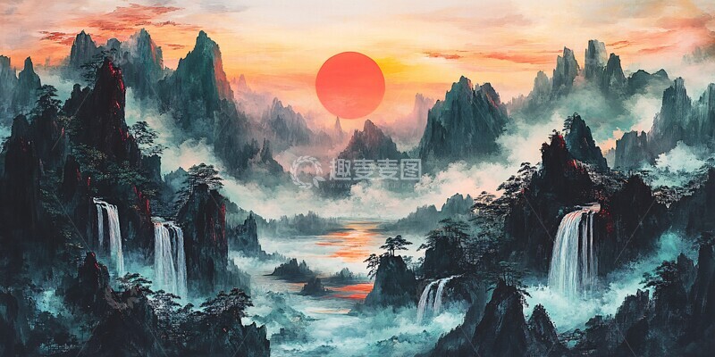 高清大图下载【趣麦麦图】山水云雾落日图