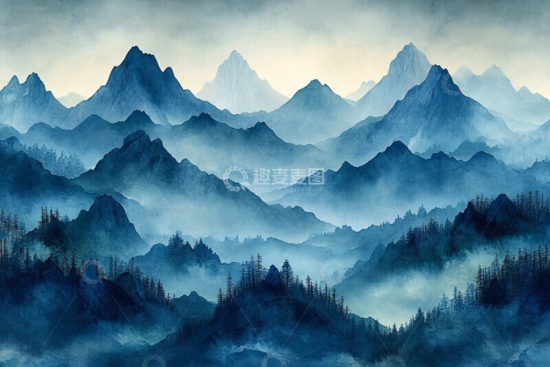 高清大图下载【趣麦麦图】蓝绿山水画山水色调中式1