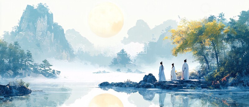 高清大图下载【趣麦麦图】中秋月下山水图3