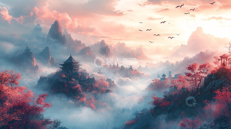 高清大图下载【趣麦麦图】山云鹤影背景中国风格