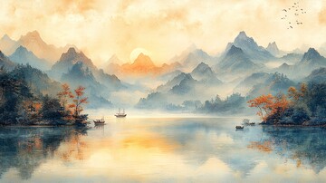 山水湖面小舟图3