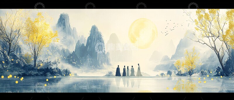 高清大图下载【趣麦麦图】中秋月下山水图2
