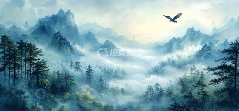 高清大图下载【趣麦麦图】青山云雾飞鹰图