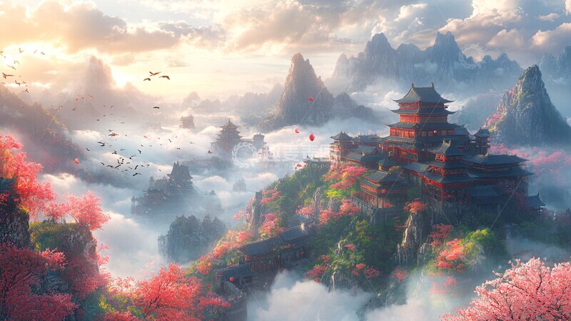 高清大图下载【趣麦麦图】山云鹤影背景中国风格1