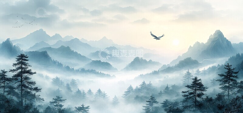 高清大图下载【趣麦麦图】青山云雾飞鹰图1
