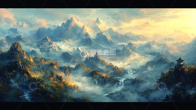 高清大图下载【趣麦麦图】山云溪流图溪流蓝色绿色2