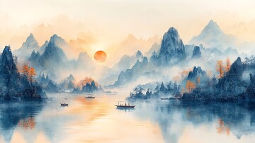 山水湖面小舟图1