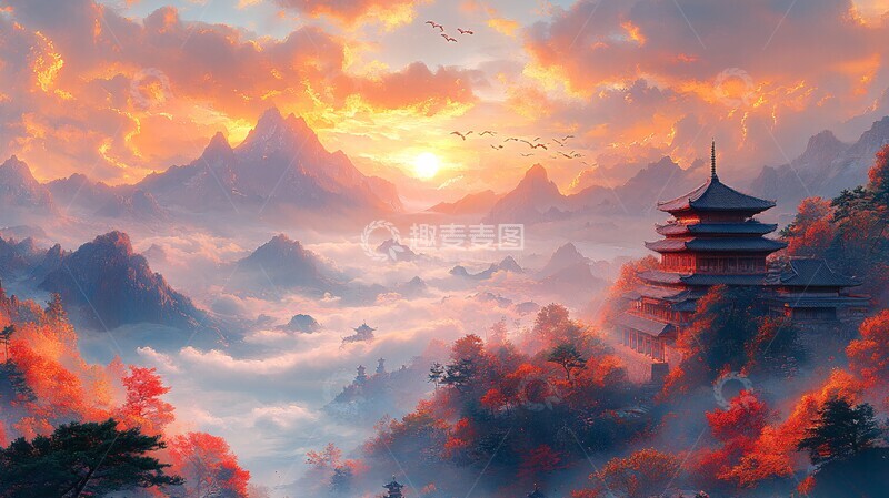 高清大图下载【趣麦麦图】山云鹤影背景中国风格2