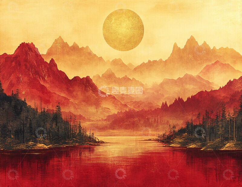 高清大图下载【趣麦麦图】山水金峰山水金箔红纸